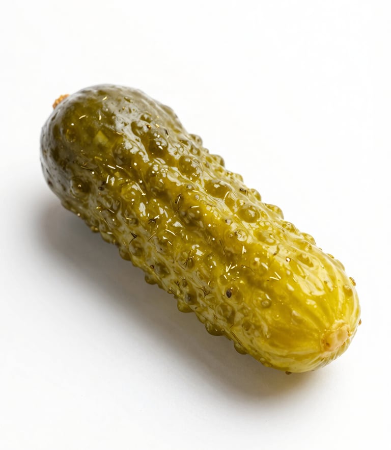 A single glistening dill pickle on a bright white studio background, high-key lighting, sharp shadows, focusing on the bumpy texture and fine dill flecks.