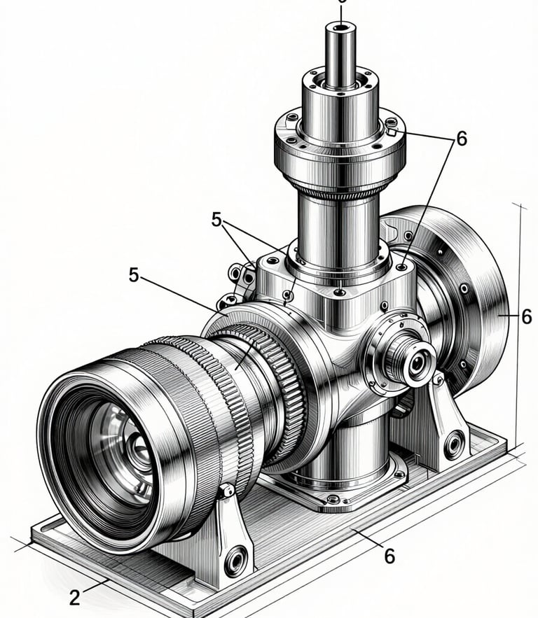 Orthographic projection of a complex mechanical assembly with leader lines and callout numbers, high-contrast black vector lines on a clean white background, clinical drafting aesthetic.