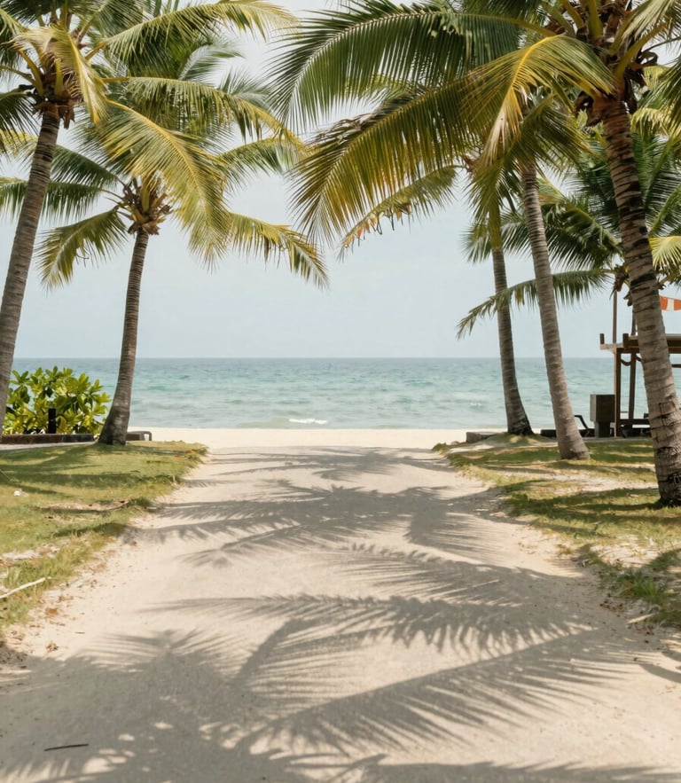 Bright natural daylight photo of a quiet coastal road in South Phuket, palm trees casting soft shadows on a sandy path, 35mm lens