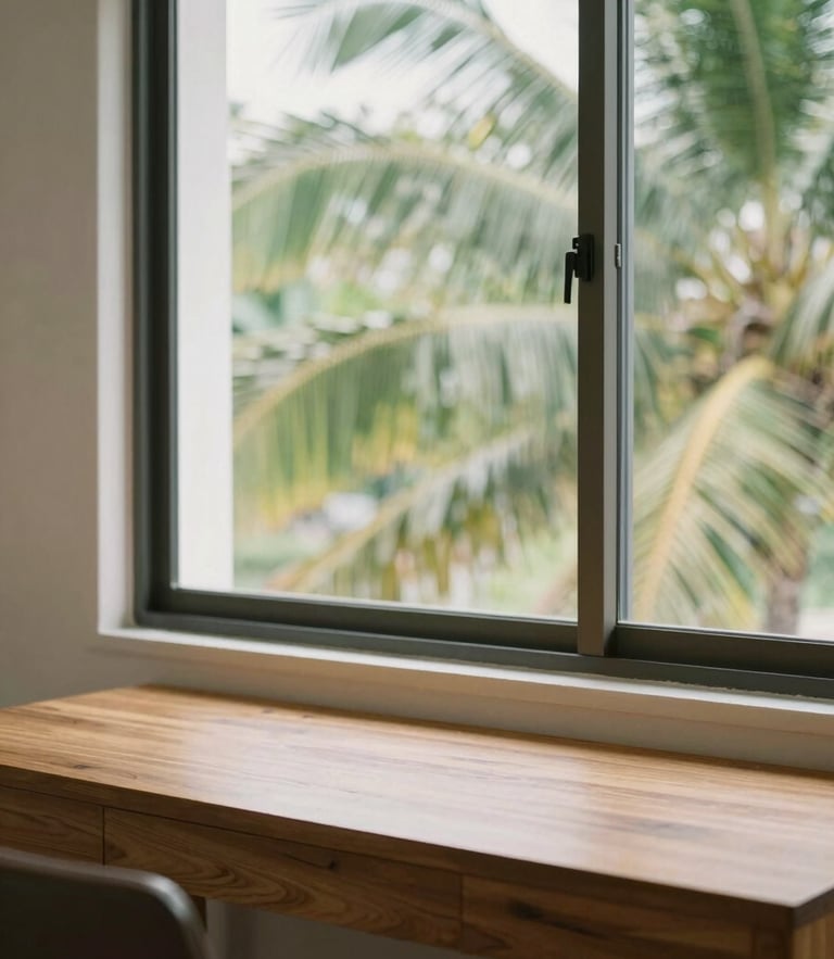 Bright interior of a modern Rawai apartment, wooden writing desk near a large window, soft tropical daylight, green palm leaves visible outside, realistic 35mm photography.