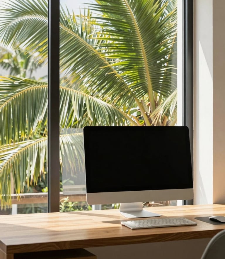 Bright natural daylight interior of a modern Rawai condo workspace, wooden desk with a monitor, green palm leaves visible through the window, soft tropical shadows, 35mm lens
