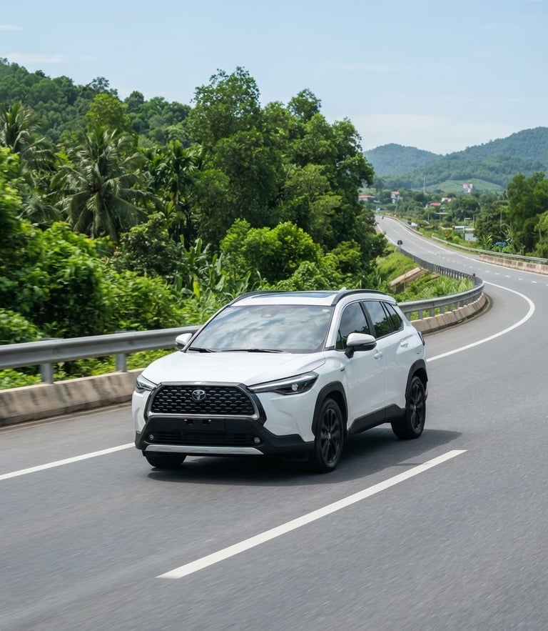 A modern white SUV driving on a clean, sunlit highway in Vietnam, bright natural daylight, green trees in the background, professional vehicle photography, 50mm lens