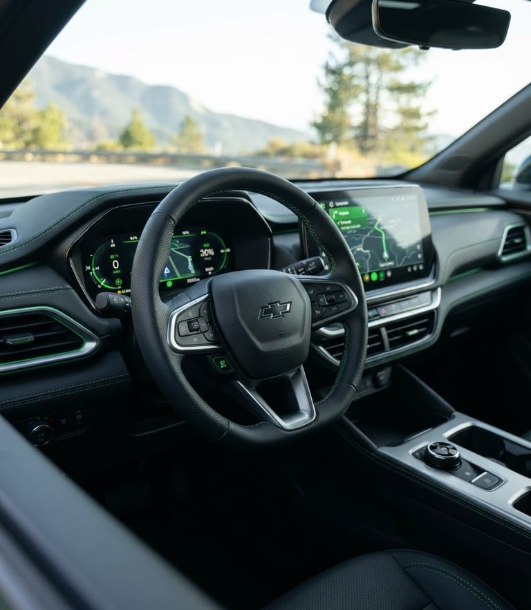 Close-up of a modern car dashboard in bright daylight, clean interior, focus on steering wheel and navigation screen, green accents