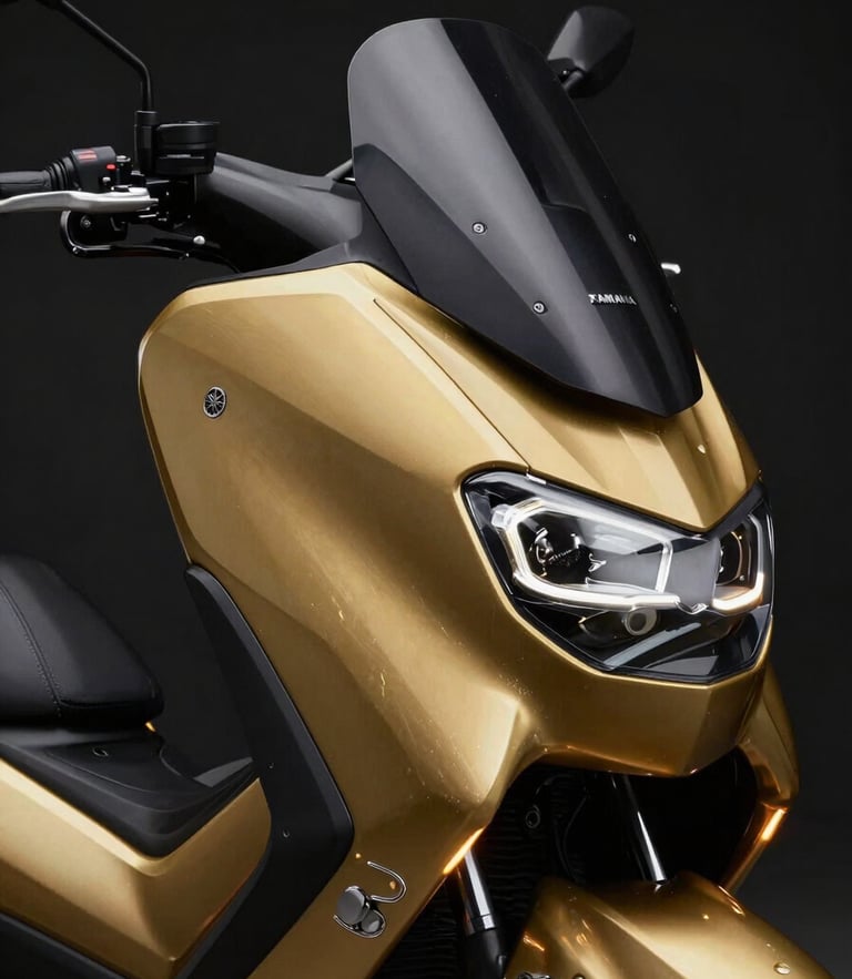 Sleek, shadowy close-up of a Yamaha Nmax metallic gold curves and headlight, studio lighting with dramatic gold rim lights against pitch-black background.