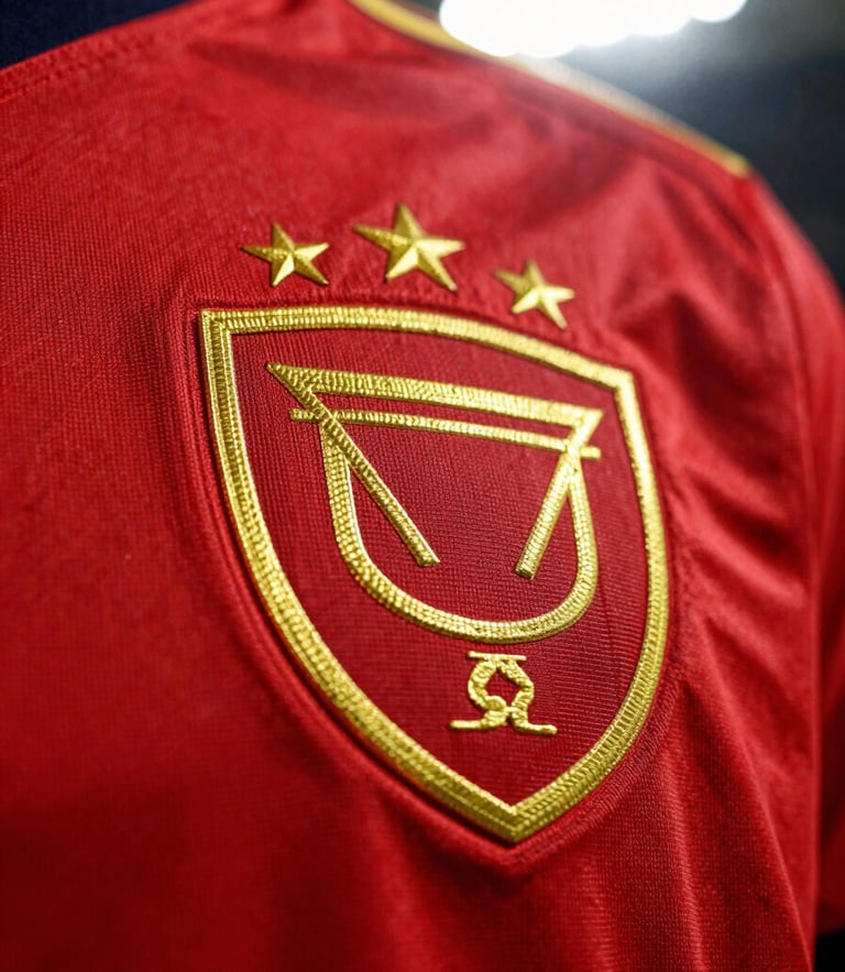 Close-up of a premium football jersey crest under intense stadium lighting, vibrant colors, sharp focus on fabric texture, 35mm