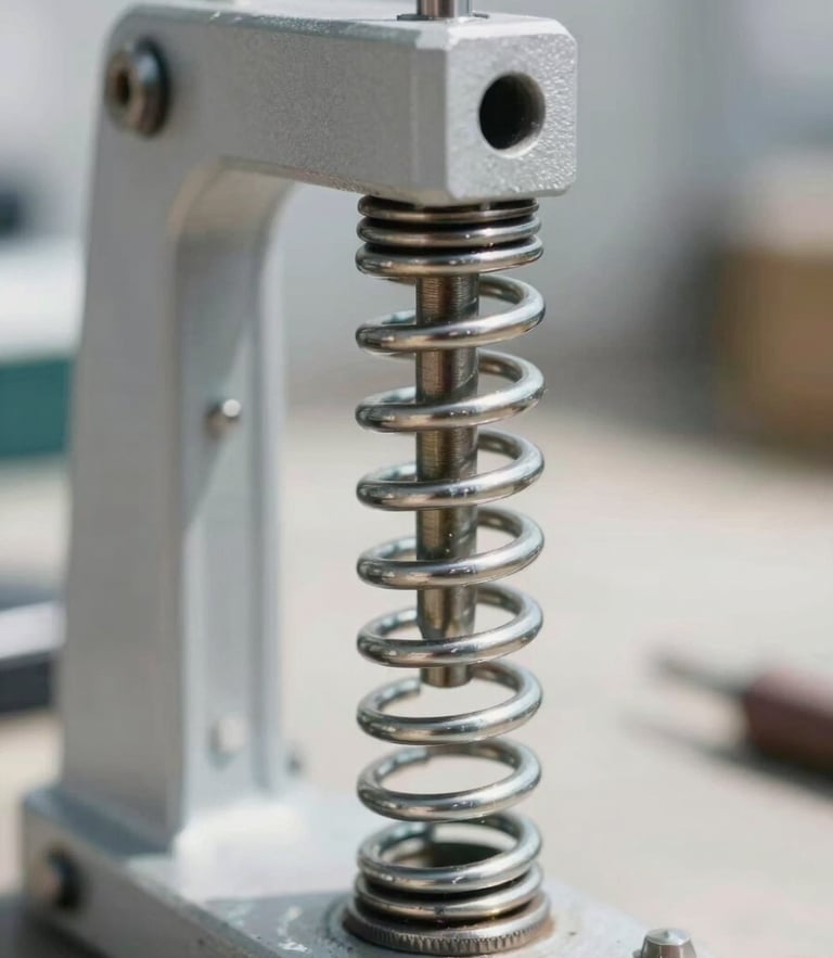 Close-up of a heavy-duty steel torsion spring being calibrated with a winding cone, sharp focus on mechanical details, bright daylight