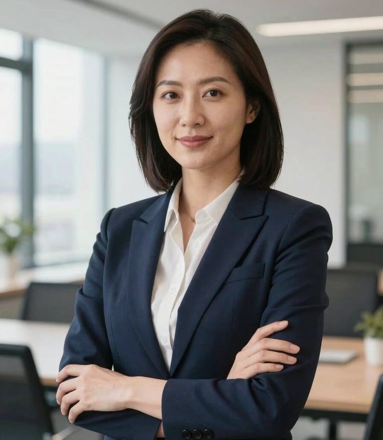 Approachable legal advisor in a bright, natural-light modern office, deep navy tones, direct gaze, professional portrait