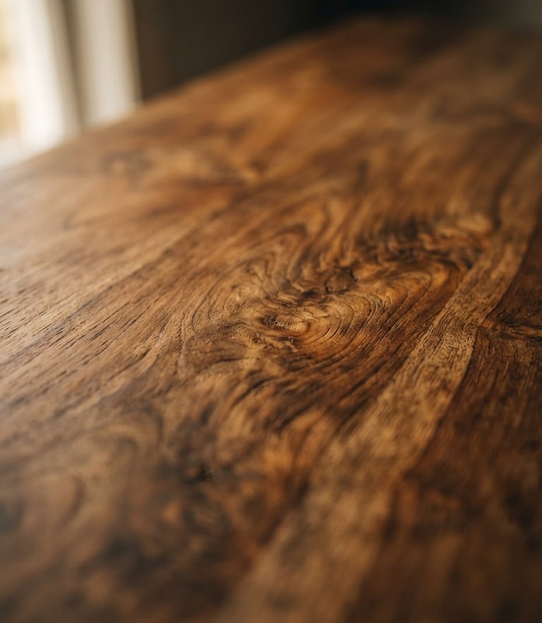 Editorial close-up of premium warm teak wood grain with soft natural window light, shallow depth of field, 35mm