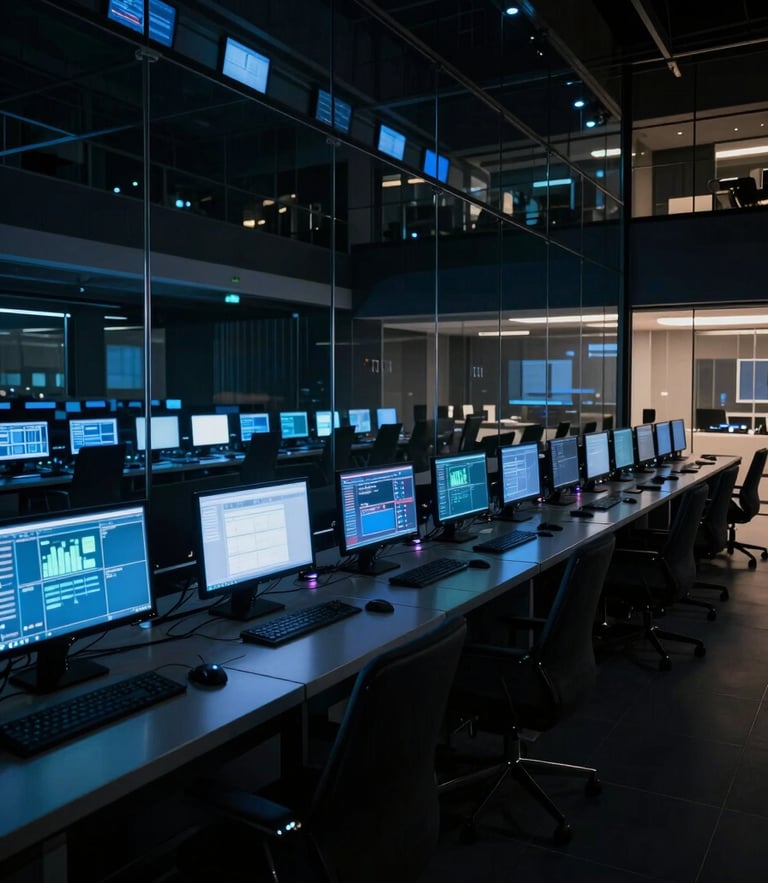 Low-key, high-contrast interior of a modern technology operations center, cool blue monitor glows reflecting on dark glass surfaces, wide perspective.