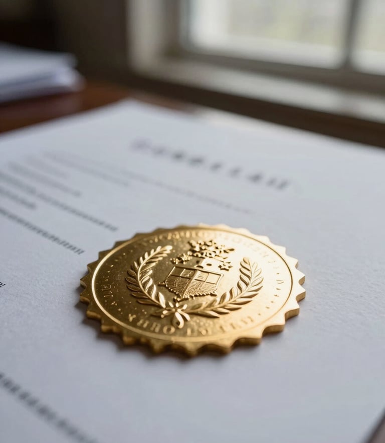 Macro shot of a certified legal document with an official gold embossed seal, soft natural daylight from a side window, shallow depth of field, sharp focus on the stamped texture.
