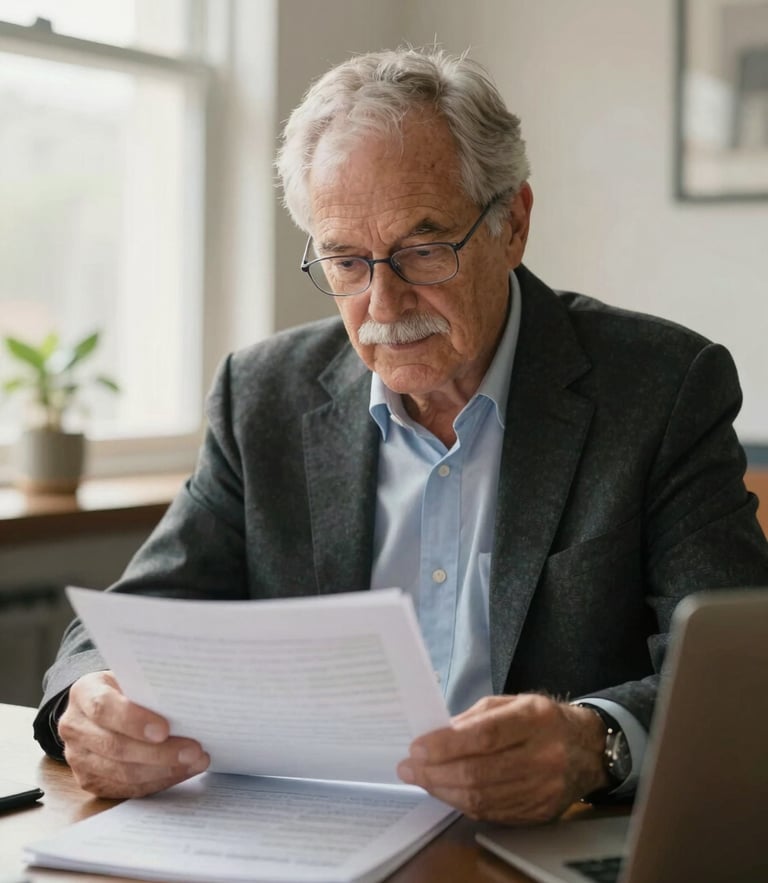 A warm, authentic portrait of a senior financial advisor in a sunlit office, reviewing documents, 35mm editorial photography, soft natural daylight.