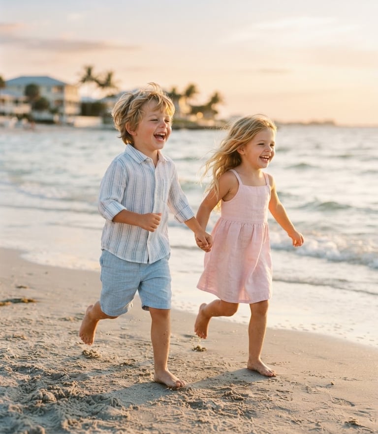 Candid medium shot of two young children laughing and running on a sunny Sarasota beach, wearing light linen clothing, soft warm golden-hour daylight, 35mm film.