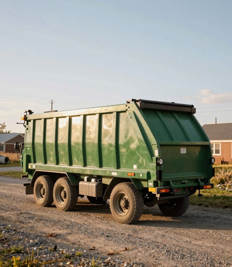 A clean green roll-off bin parked neatly on a gravel driveway under a bright Alberta sky, golden-hour light, 35mm photography