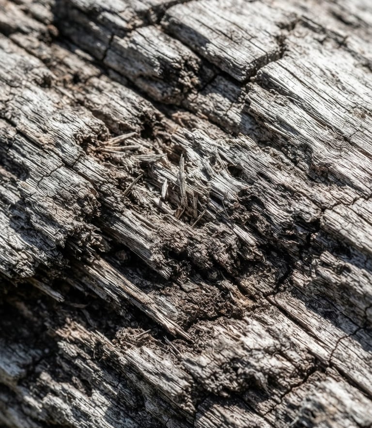 Macro detail of weathered cedar wood grain under harsh direct sunlight, showing deep silver-grey fiber breakdown and wood checking, sharp texture focus.