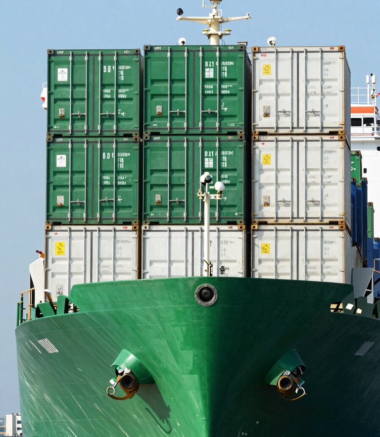 Straight-on technical shot of a cargo vessel loaded with green and white industrial shipping containers, bright daylight, crisp shadows, clear sky.