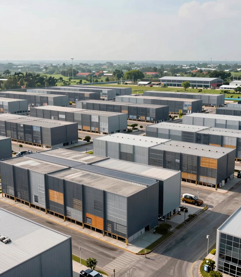 Wide environmental shot of a modern, highly organized distribution hub in Indonesia, clean architectural lines, bright natural lighting.