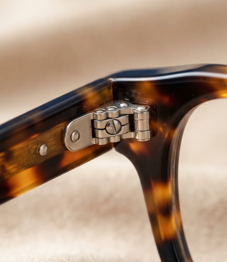 Macro close-up of premium tortoiseshell optical frame hinges, warm champagne background, sharp focus on craftsmanship, bright studio lighting