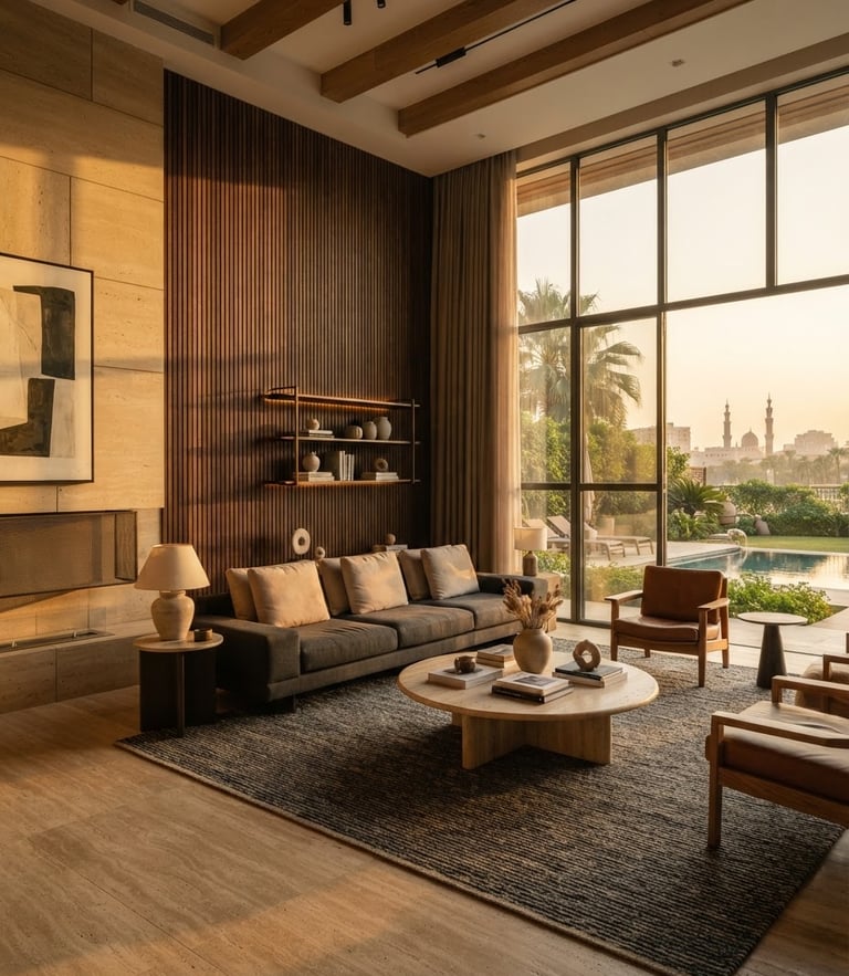 Wide-angle architectural shot of a luxury Cairo villa living room, warm golden-hour window light illuminating bespoke oak wall panels and clean stone joints, 35mm lens.