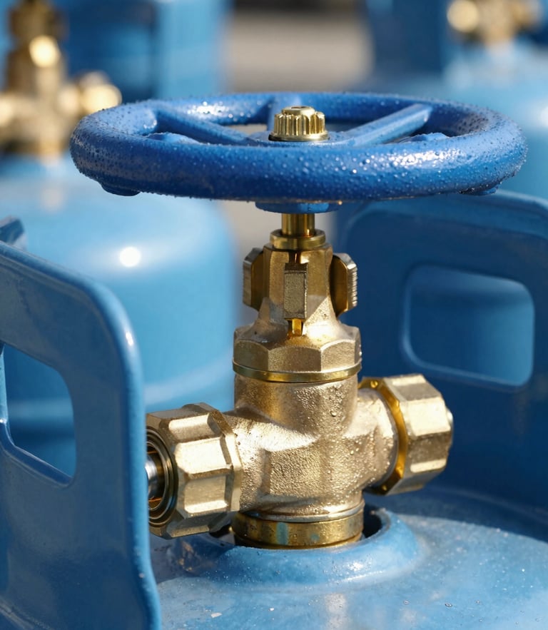 Close-up of a heavy-duty brass propane tank valve, clean industrial focus, sharp daylight photography, 35mm
