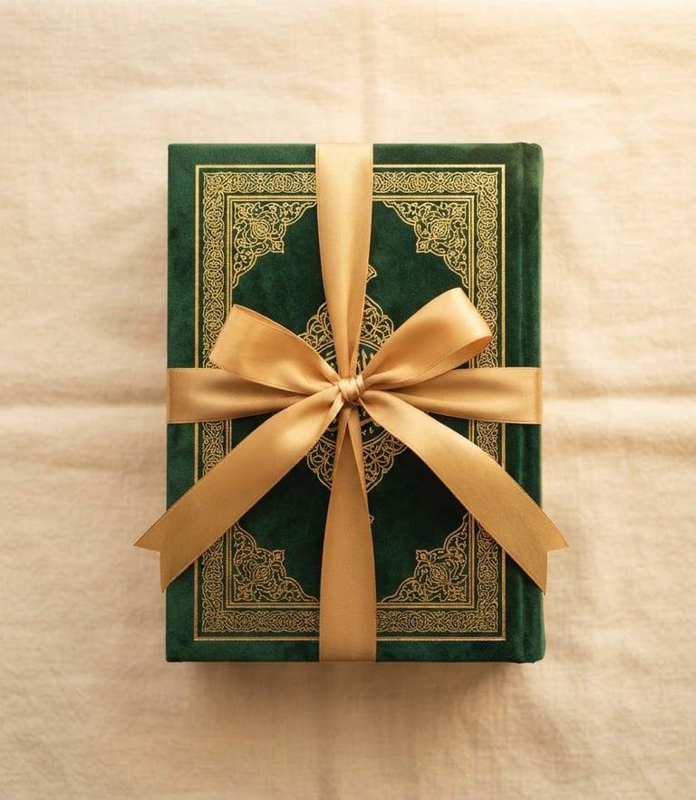 Overhead shot of a beautifully packaged Quran in a green box with gold ribbon, resting on a clean cream surface, warm morning light, 35mm