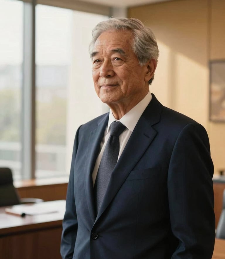 Reflective portrait of an elegant senior lawyer in a warm-lit modern office, soft window light, deep navy suit, looking off-camera with a reassuring expression, 35mm