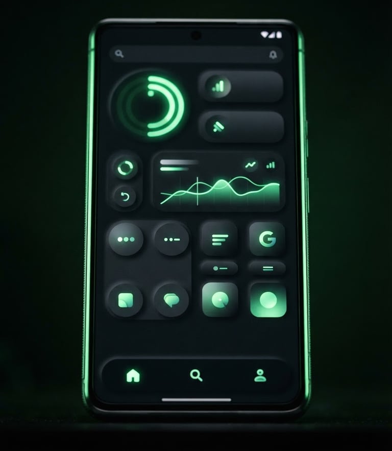 High-fidelity close-up of a modern Android device displaying a clean Material Design interface, low-key studio lighting with vibrant green neon edge highlights, sharp macro focus, 35mm