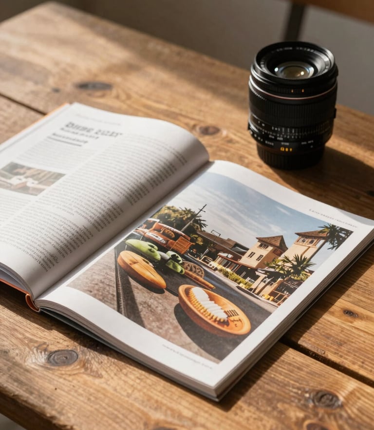 A high-end print magazine lying open on a rustic wooden table, warm natural daylight casting soft shadows, 35mm lens, rich organic tones