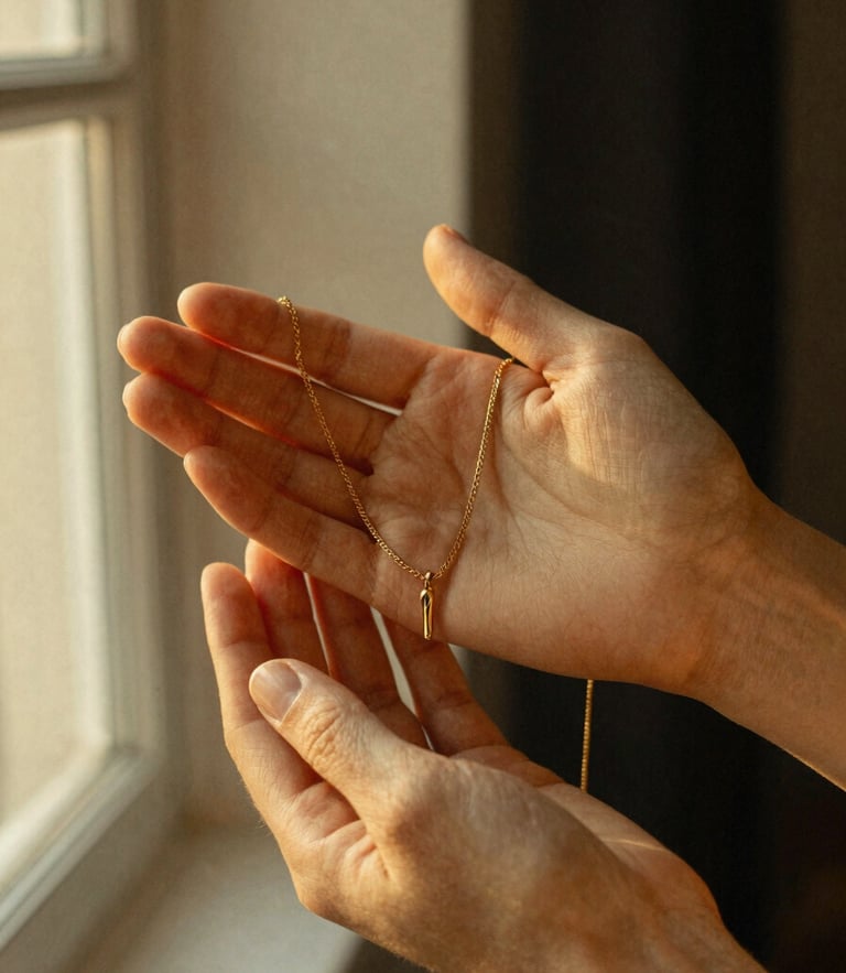 Close-up of hands holding a delicate gold necklace in warm golden-hour window light, soft textured linen background, shallow depth of field, 35mm film