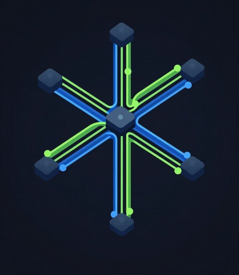 Abstract vector representation of a cryptographic block structure, neon green and blue data streams flowing through a central node, dark terminal style