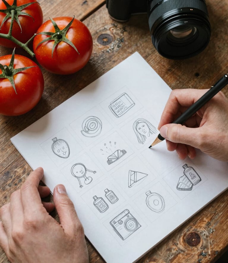 Overhead flat-lay of a rustic wooden table with fresh tomatoes, a camera lens, and hands sketching a social media grid on parchment paper, warm side-lighting.
