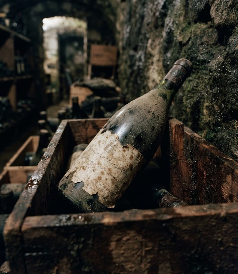 Moody close-up of a dusty hand-labeled wine bottle resting in a wooden crate inside a damp stone cellar, low-key natural light, 35mm film grain.