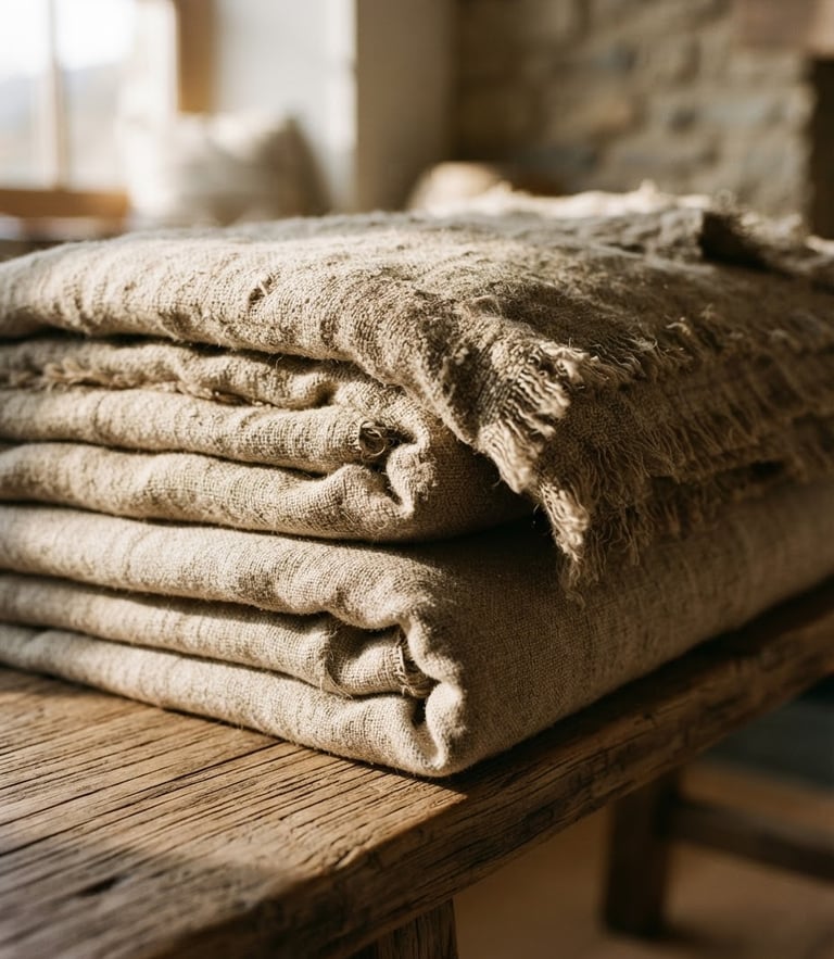 Close-up portrait of folded heavy-weight Belgian linen quilts stacked on a raw oak bench, low raking afternoon window light casting deep shadows on the coarse weave, warm earth tones, 35mm.