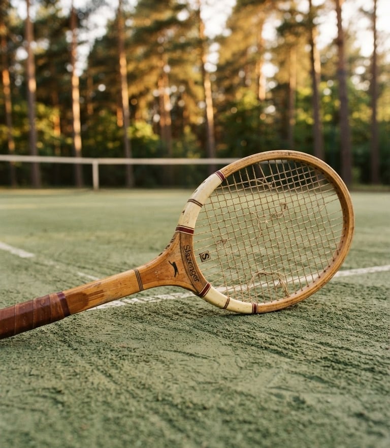 A close-up of a vintage wooden tennis racquet resting on a freshly swept green clay court, soft golden hour sunlight filtering through tall pine trees in the background, 35mm film look.