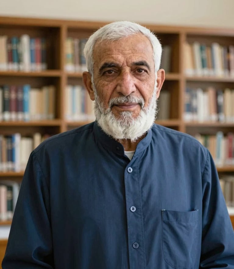 Dignified medium-close portrait of an elder Afghan scholar in a bright library, warm natural daylight, direct confident eye contact, deep blue and warm neutral tones, sharp focus, 35mm.