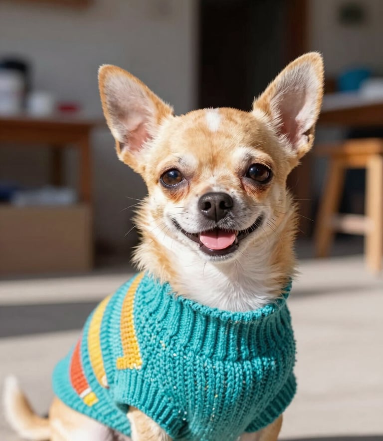 A happy small chihuahua wearing a colorful knitted turquoise sweater, looking at the camera, bright natural daylight, Celaya workshop background, shallow depth of field