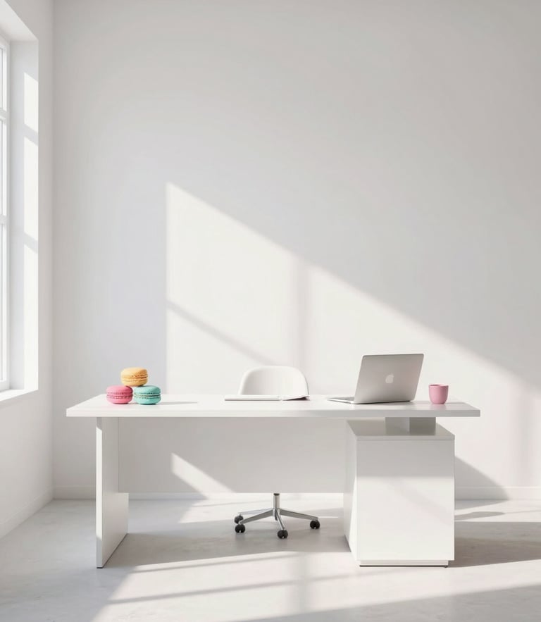 Bright airy minimalist Florida office workspace, soft morning light casting gentle shadows, pastel macaron tones, clean architectural lines, 35mm lens