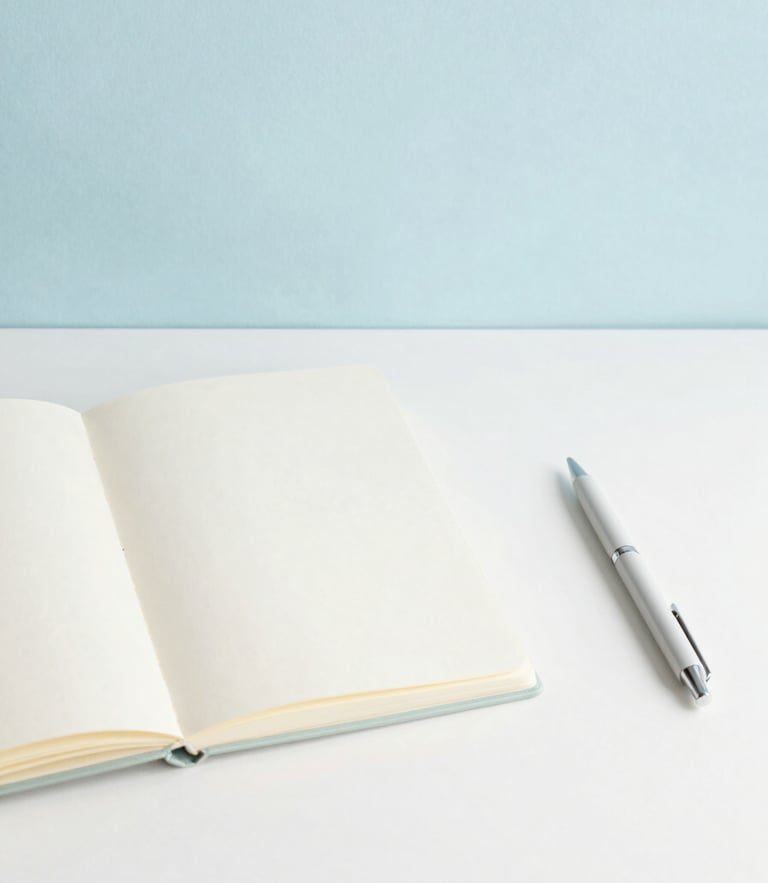 Minimalist flat-lay of a clean workspace desk with soft natural morning light, pastel sky blue and cream tones, a single open notebook and elegant pen, generous negative space