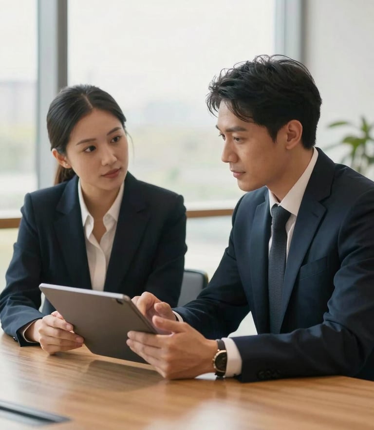 Two professional business partners in a modern corporate meeting room, discussing strategy over a tablet, warm natural lighting, soft focus background, editorial style