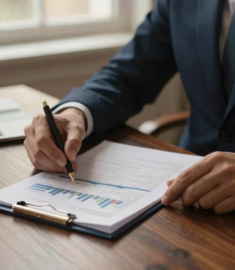 Close-up of elegant hands reviewing financial reports on a dark oak desk, warm window light, deep navy tones, premium corporate style, 35mm