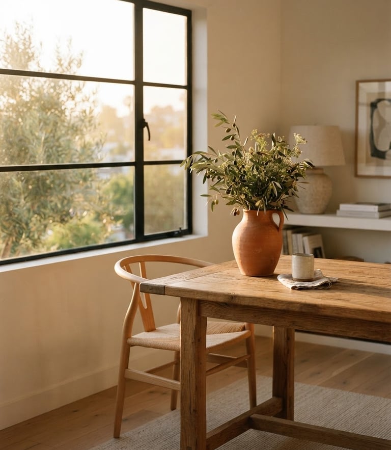 A warm sun-drenched minimalist apartment dining corner, warm golden-hour light streaming through a large window, a single terracotta vase on a wooden table, olive green foliage in the background, high-end editorial interior photography, 35mm