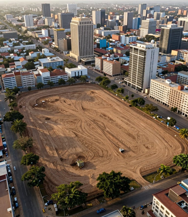 Aerial drone survey of a clean, development-ready land parcel in a modern African urban center, golden hour light, sharp focus