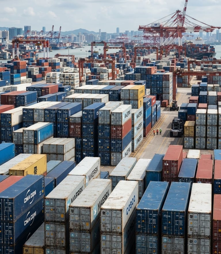 Sharp industrial photography, bright natural daylight, shipping containers stacked at the Port of Shenzhen, 35mm lens.
