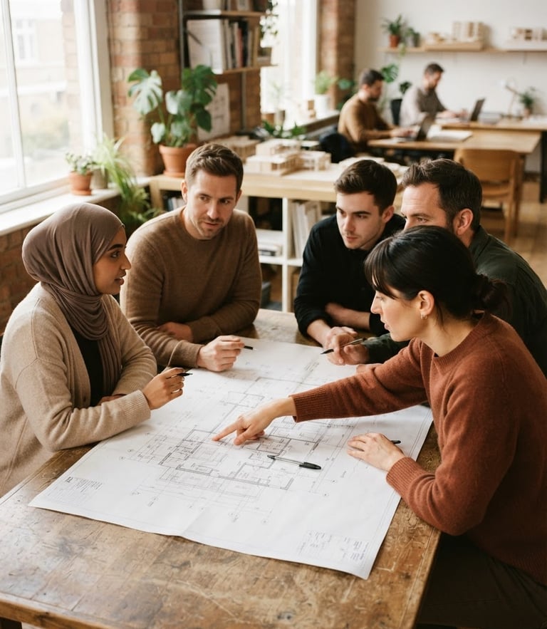 Warm editorial photography of a collaborative workspace, natural window light, team members analyzing a physical blueprint on a table, earthy tones, shallow depth of field, 35mm