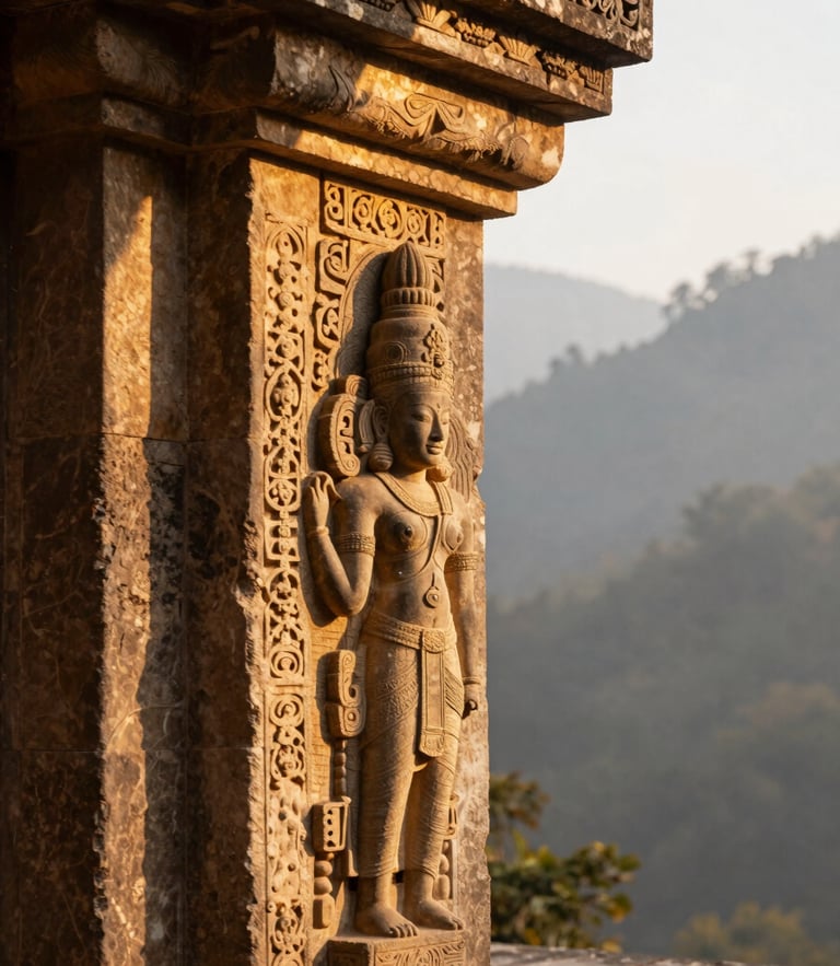 Close-up of intricate ancient stone carvings on a temple pillar, dramatic shaft of golden sunlight piercing the shadows, editorial 35mm photography