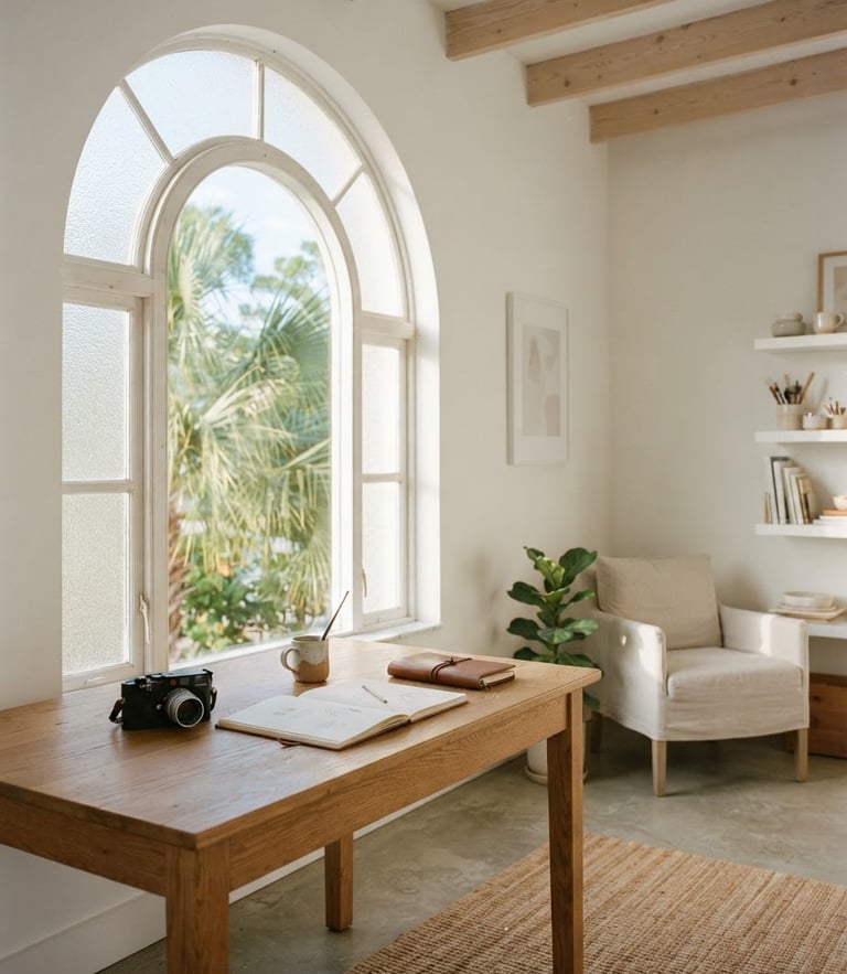 A bright, minimalist creative studio interior in Punta Gorda, soft morning Florida daylight streaming through a large arch window, negative space, 35mm film style
