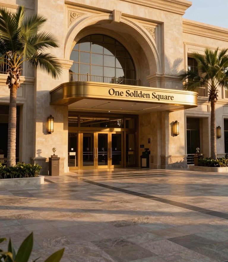 Wide-angle architectural shot of One Golden Square entrance, warm golden-hour sunlight casting long shadows across the stone promenade, elegant palms, 35mm lens