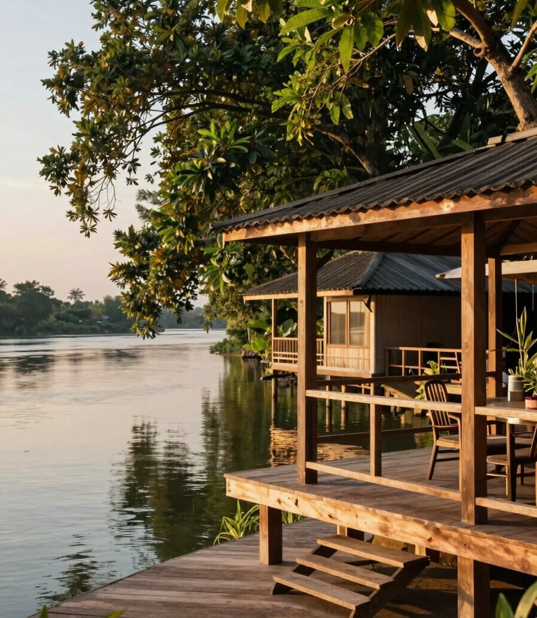Warm golden hour light shining on a peaceful riverside resort in Amphawa, lush green trees reflecting on the calm Mae Klong river, cozy wooden terrace, 35mm photography