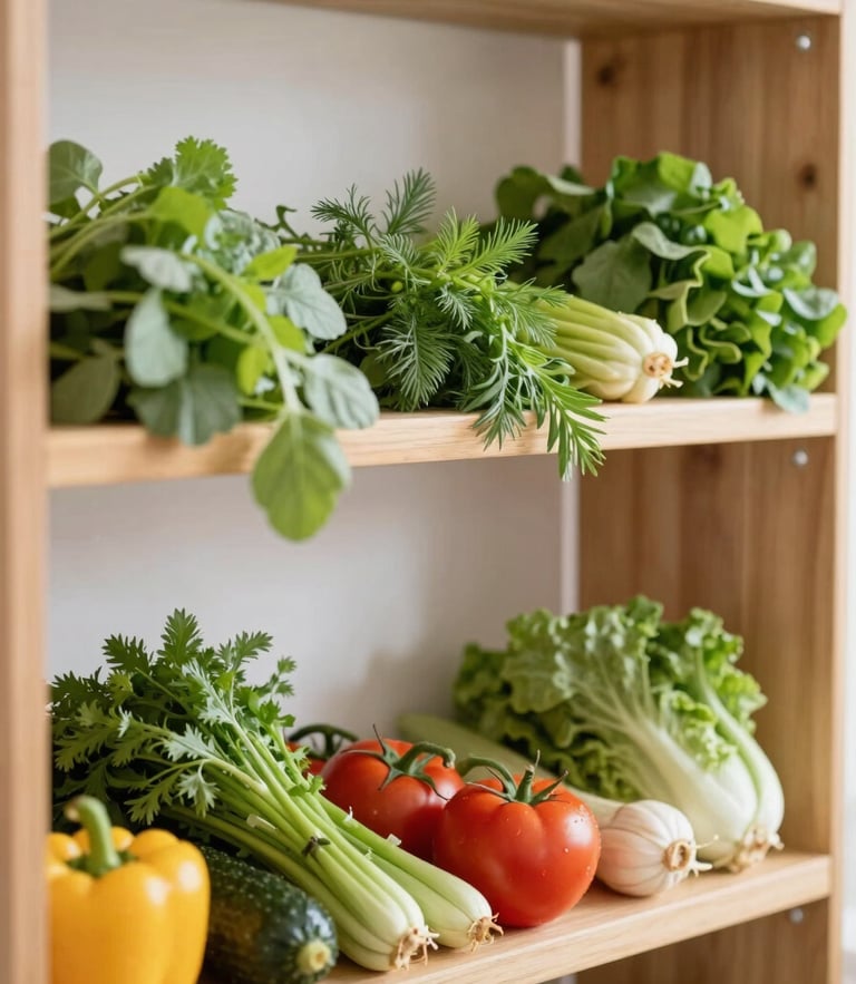 Bright editorial food photography, a neatly organized wooden shelf with fresh herbs and organic produce, soft natural daylight, 35mm lens