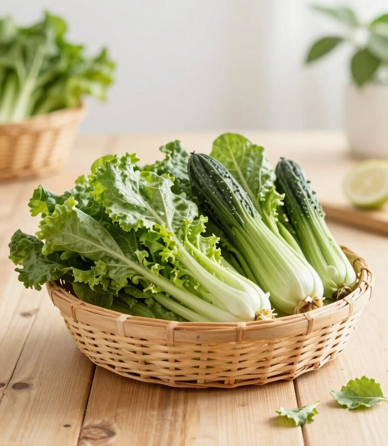 Bright editorial food photography, a rustic wooden table with a basket of fresh green vegetables, soft natural daylight, vibrant colors, shallow depth of field