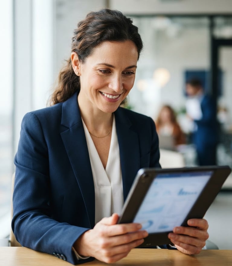 A close-up of a professional in clean, bright natural daylight, looking reassuringly at a tablet screen, shallow depth of field, deep blue tones.